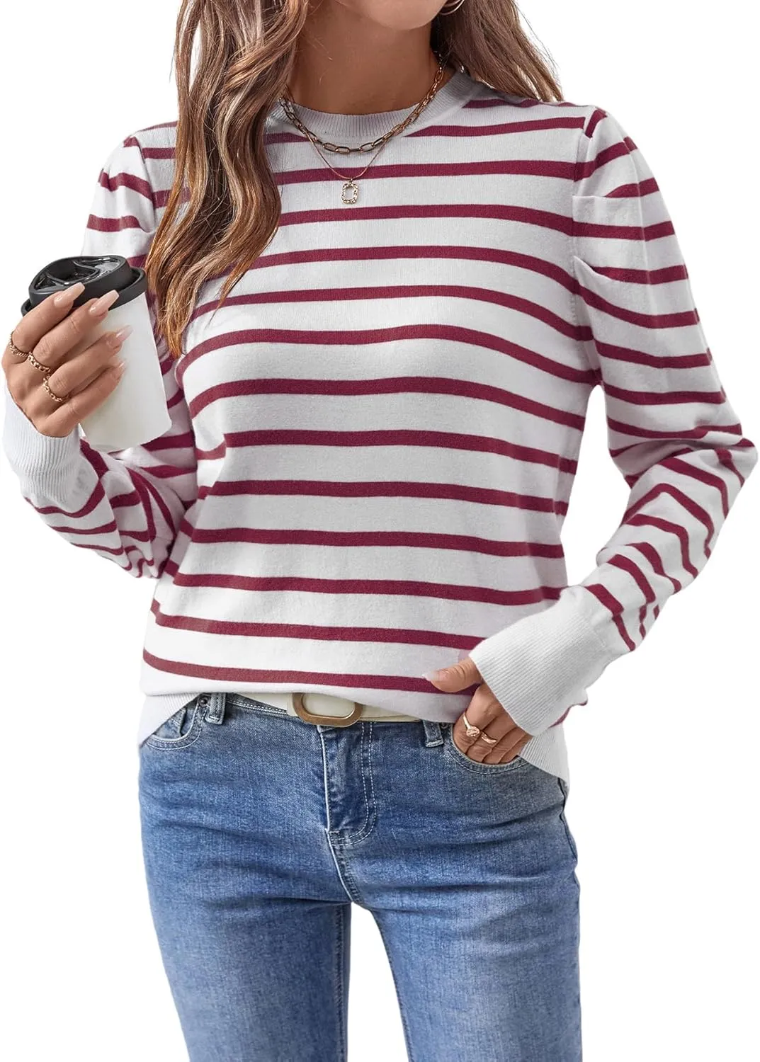Women's Long Puff Sleeve Knit Tops Trendy Crew Neck Striped Blouses Casual Pullover Sweater