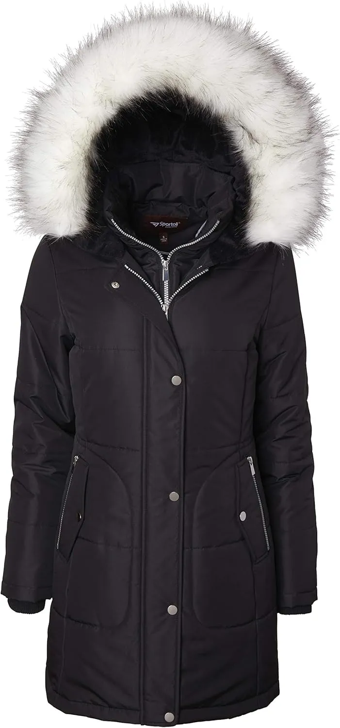 Women's Long Quilted Down Alternative Vestee Puffer Jacket Fur Trim Plush Hood - Black (Large)