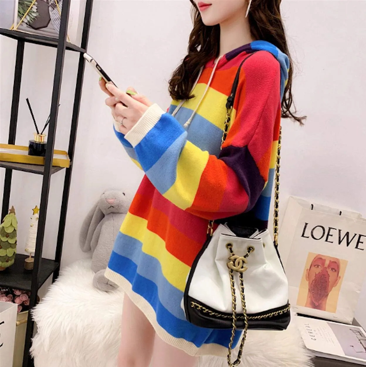 Womens Multi Color Striped Hooded  Sweater