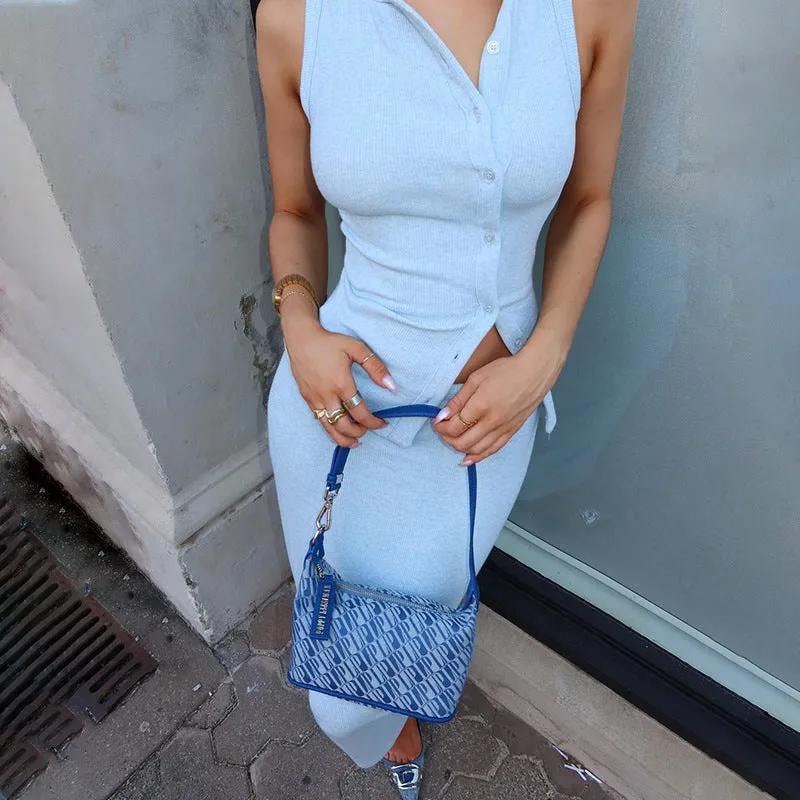 Women's Summer Solid Color Sleeveless Buttoned Cardigan and Skirt Set