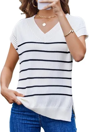Women's Sweater Vests V Neck Casual Ribbed Knit Sleeveless Sweater Tops Oversized Sweater Vest for Women
