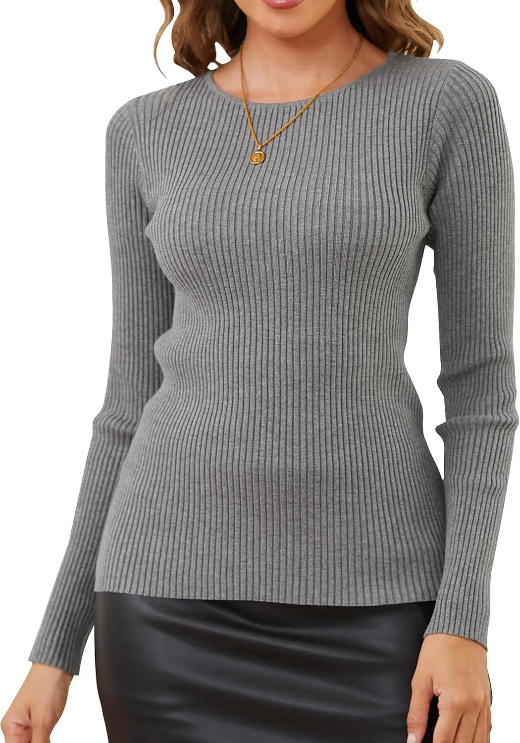 Womens Sweaters Pullover Long Sleeve Crewneck Shirts Ribbed Knit Sweater Slim Fitted Casual Jumper Tops