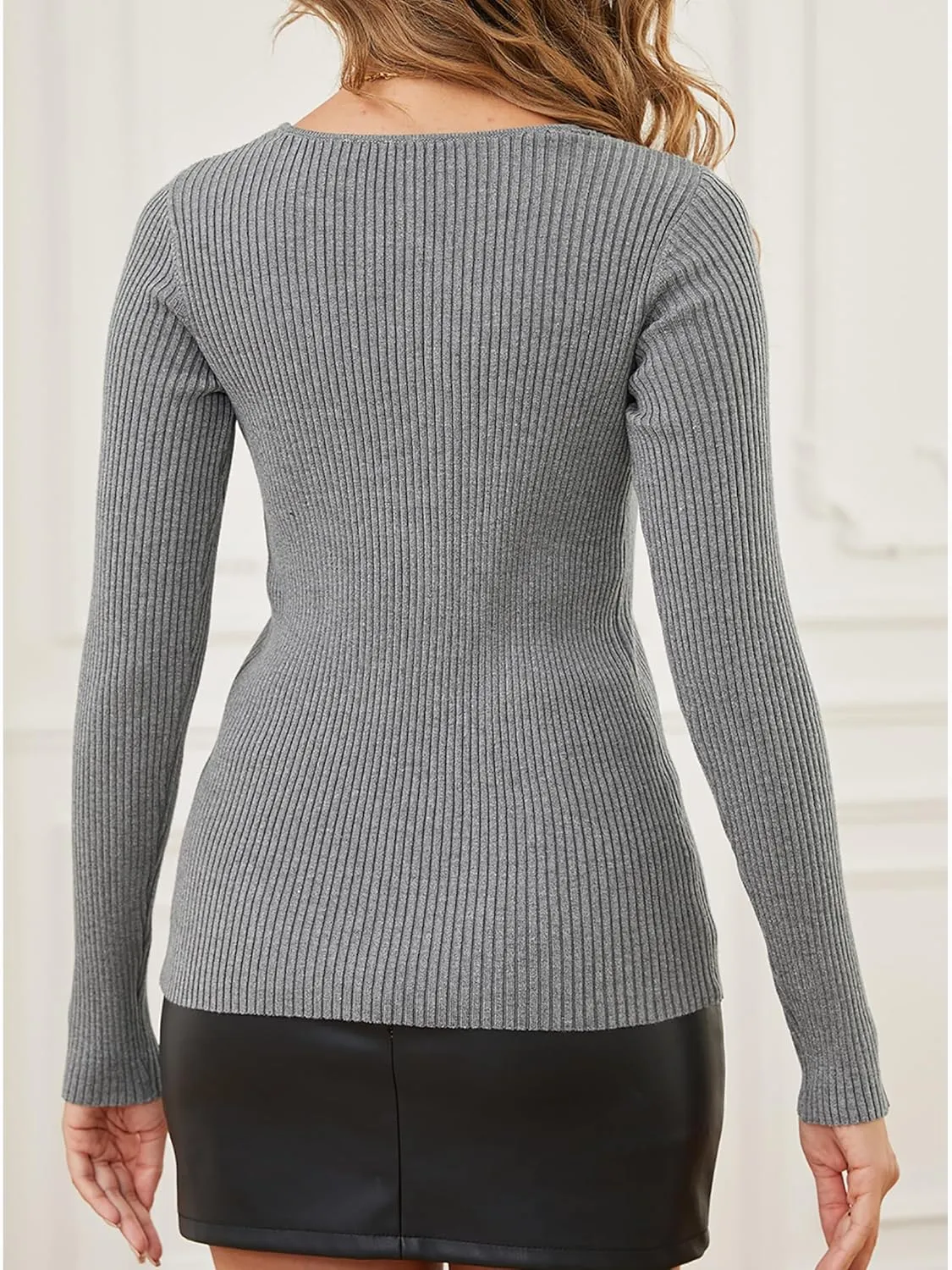 Womens Sweaters Pullover Long Sleeve Crewneck Shirts Ribbed Knit Sweater Slim Fitted Casual Jumper Tops