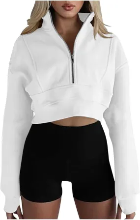 Womens Sweatshirt Half Zip Cropped Pullover Sweatshirts Stand Collar Pullover Tops With Thumb Hole Fleece Soft Outfits