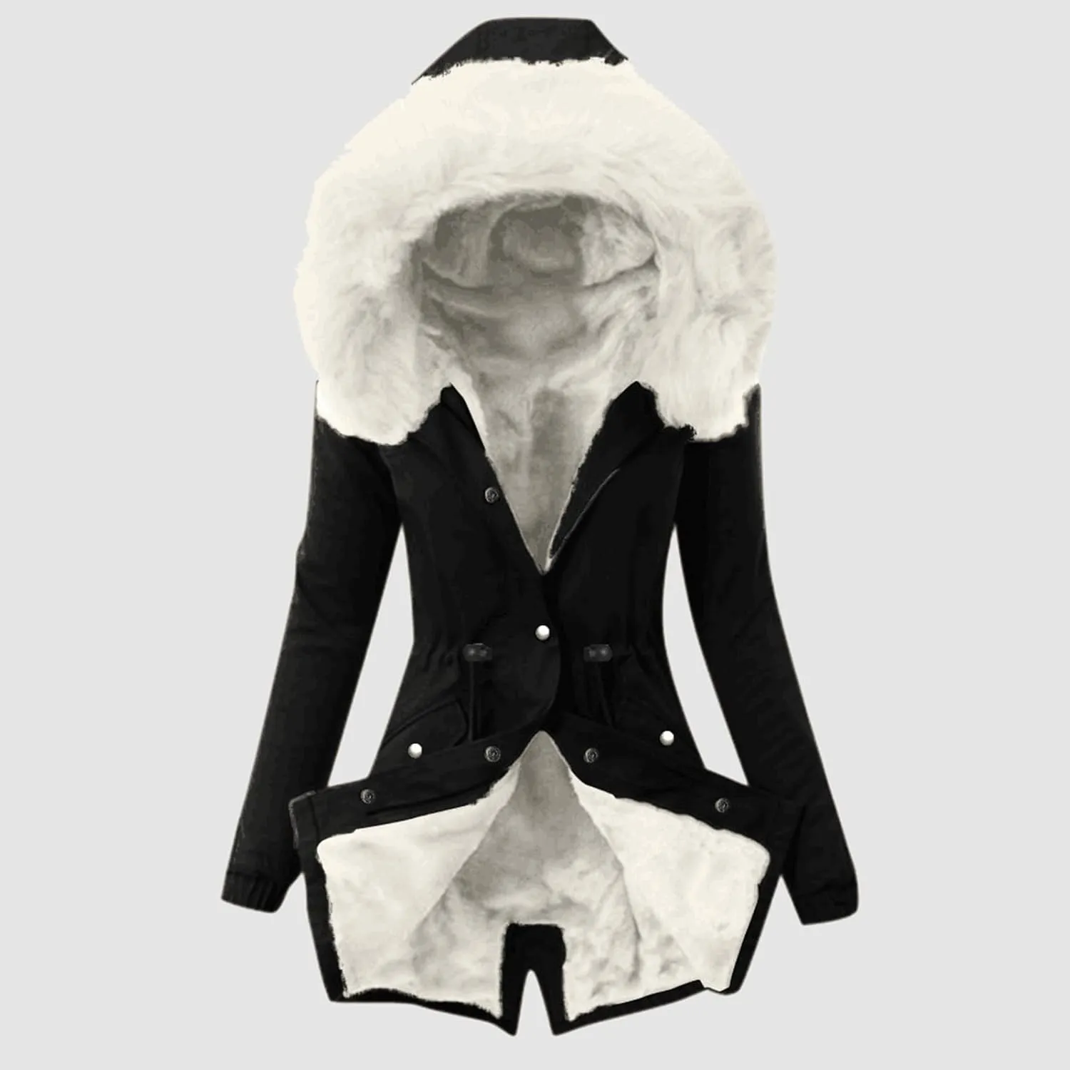 Womens Winter Fleece Jacket with Hood Fashion Elegant Long Sleeve Button Overcoat Casual Slim Outdoor Outing Outwear