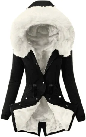Womens Winter Fleece Jacket with Hood Fashion Elegant Long Sleeve Button Overcoat Casual Slim Outdoor Outing Outwear