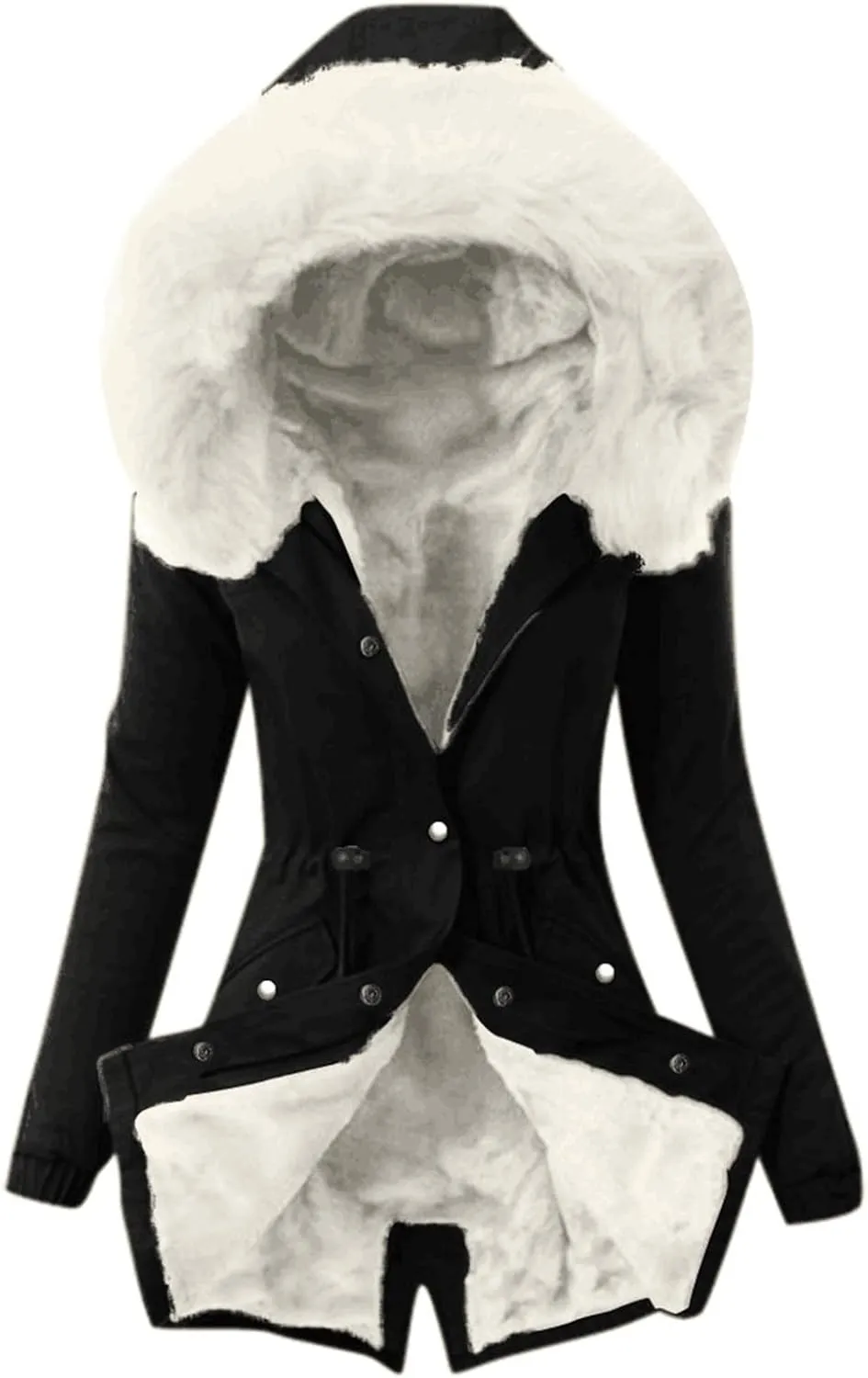Womens Winter Fleece Jacket with Hood Fashion Elegant Long Sleeve Button Overcoat Casual Slim Outdoor Outing Outwear